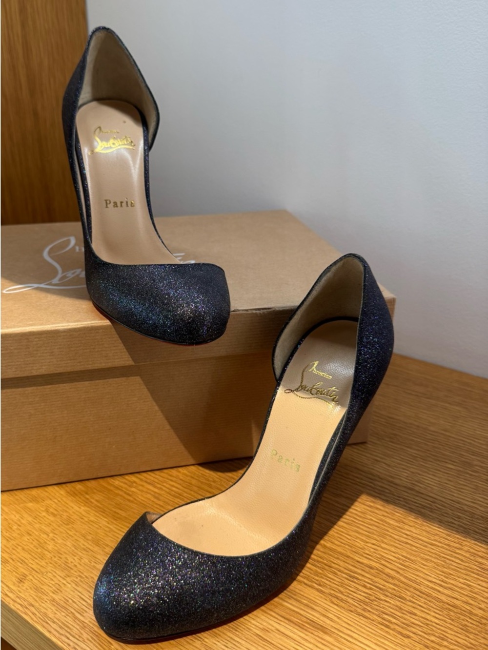 Christian Louboutin Black Glitter D'Orsay Pump with Subtle Sparkle